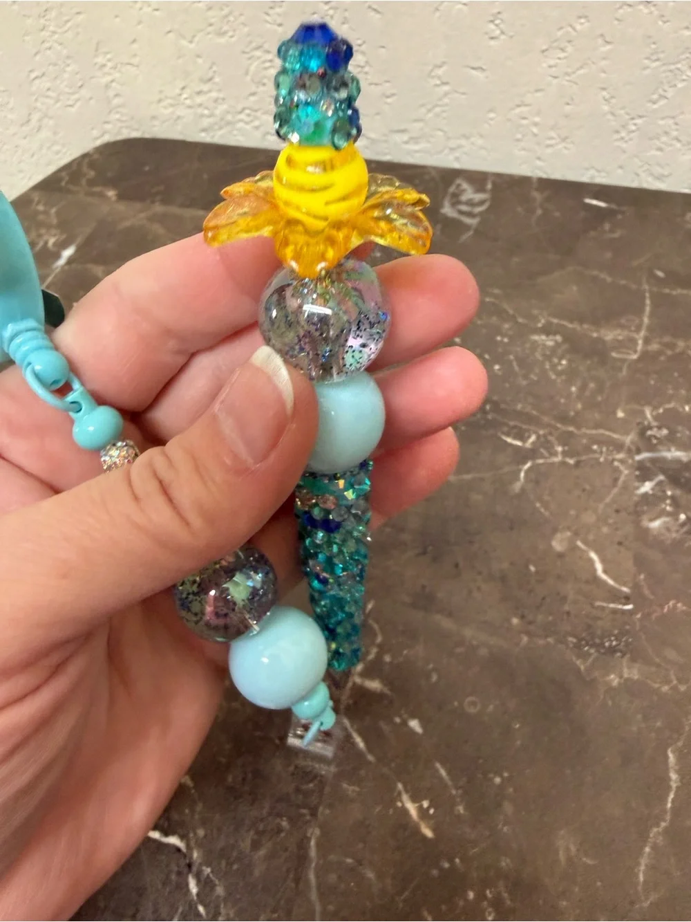 Flower Front Desk Staff Blue Rhinestone Beaded Pen Matching Badge Reel Handmade